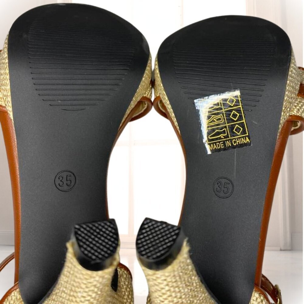Chic Woven Beige & Brown Faux Leather Sandals with Gold Chain Accent - Size 7.5 - Picture 11 of 15